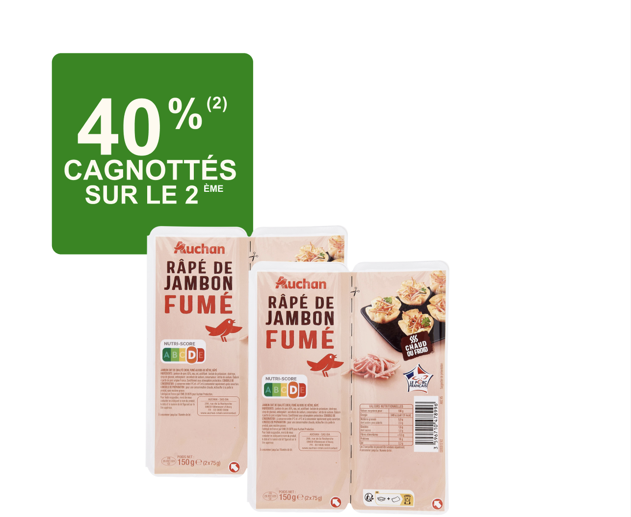 Râpé de jambon fumé. 40% cagnottés sur le 2ème