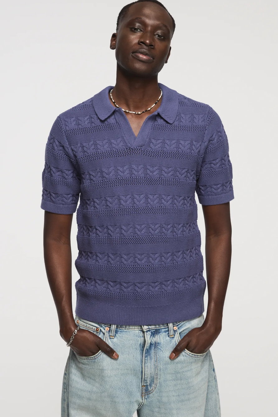 Image of Lucky Brand All Over Texture Johnny Collar Sweater -Men's Clothing Tops Sweaters in Blue Indigo
