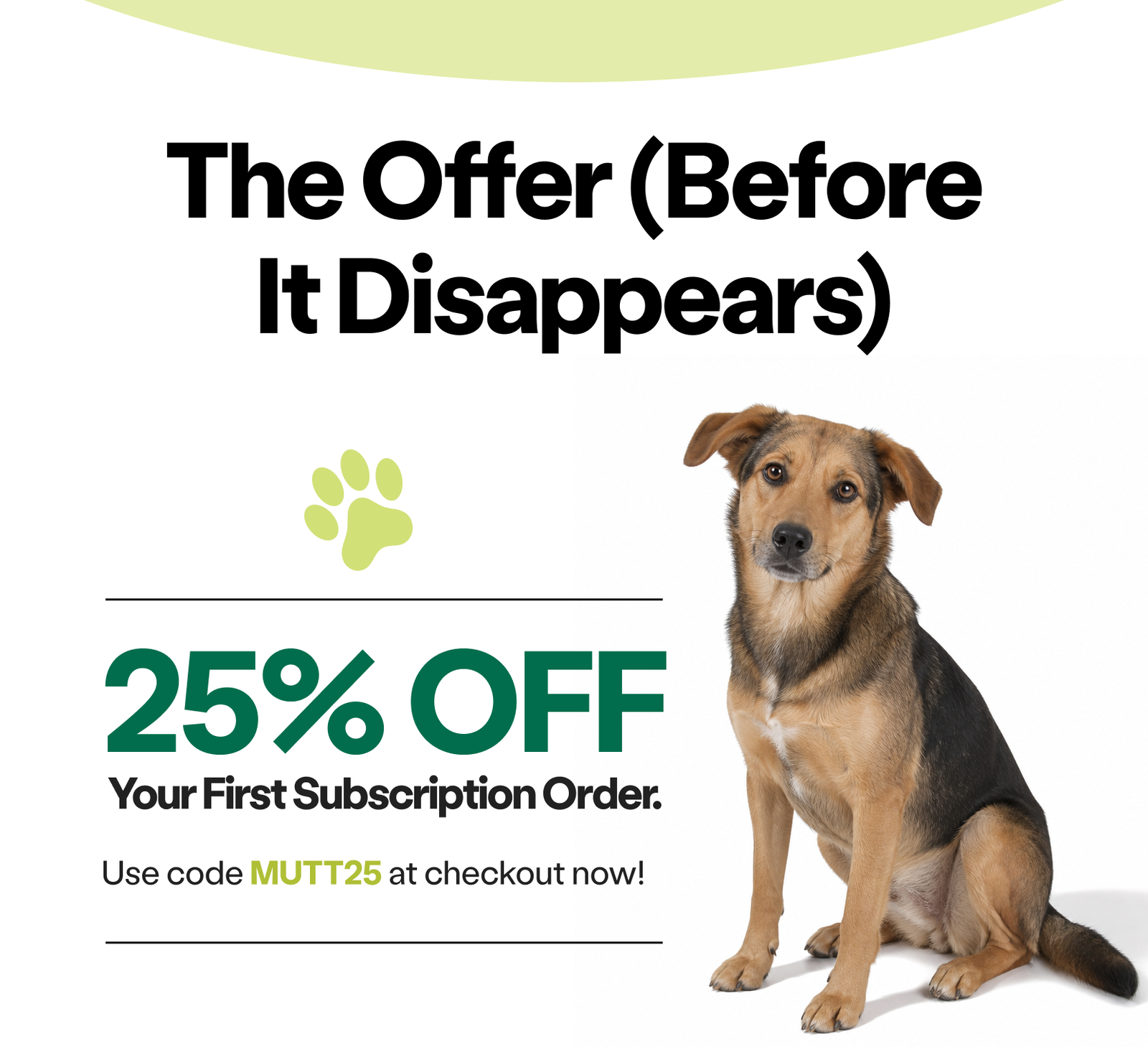 Avail Now: 25% OFF your first subscription order.  Use code MUTT25 at checkout now!