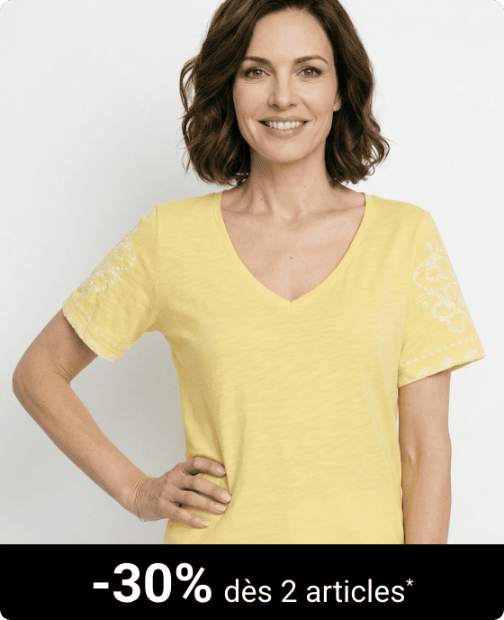T-shirt brodé col V manches courtes Jaune et blanc