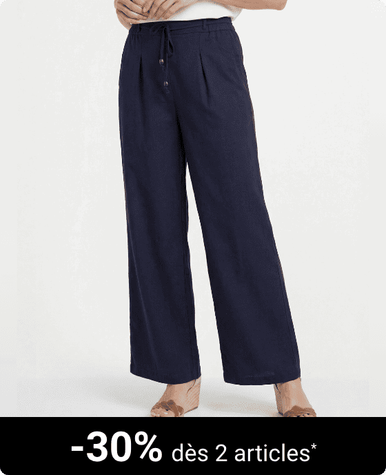 Pantalon large avec lin, style ethnique Marine