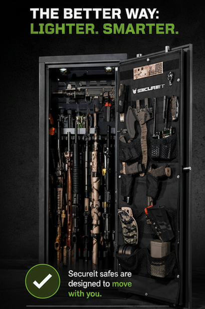 Secureit gun safe ad: "The hidden cost of weight" vs. "Lighter, smarter."