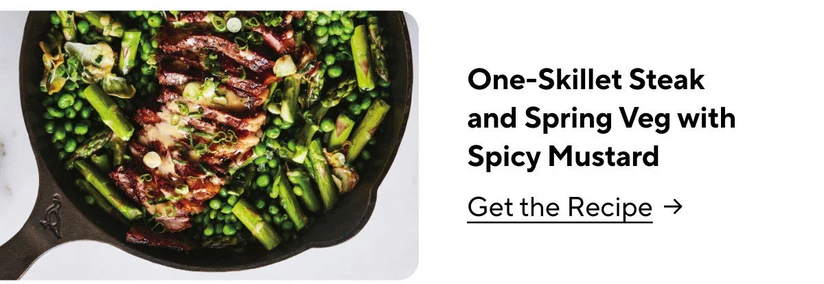 One-Skillet Steak and Spring Veg with Spicy Mustard
