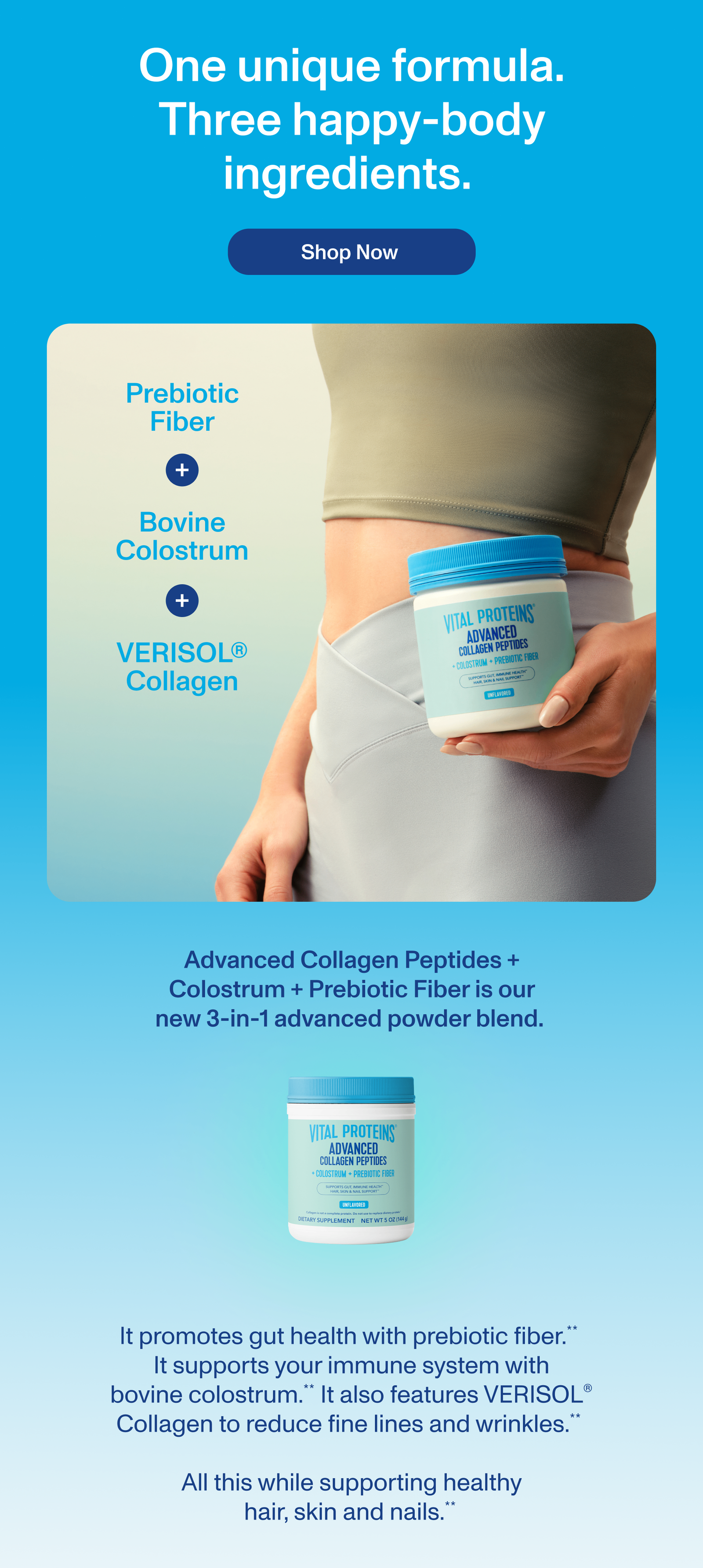 One unique formula. Three happy-body ingredients. 