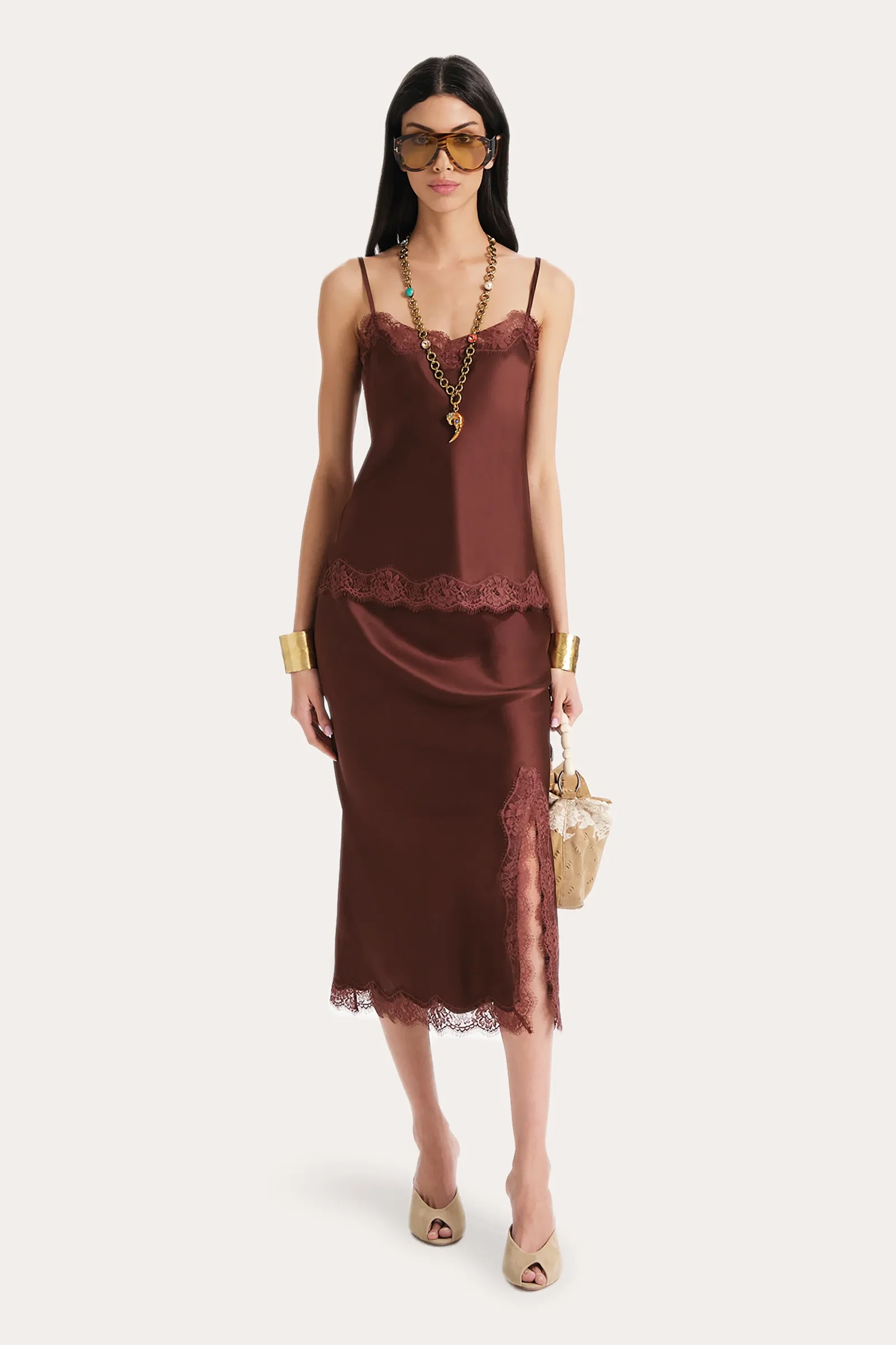Image of Brooke Silk Charmeuse Lace Trim Skirt