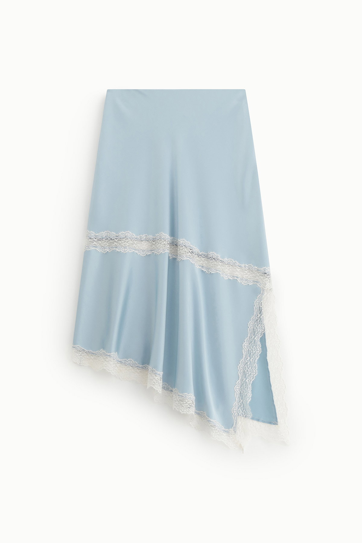 Asymmetrical pale blue satin skirt with white lace trim, midi-length draping for women's evening or bridal wear