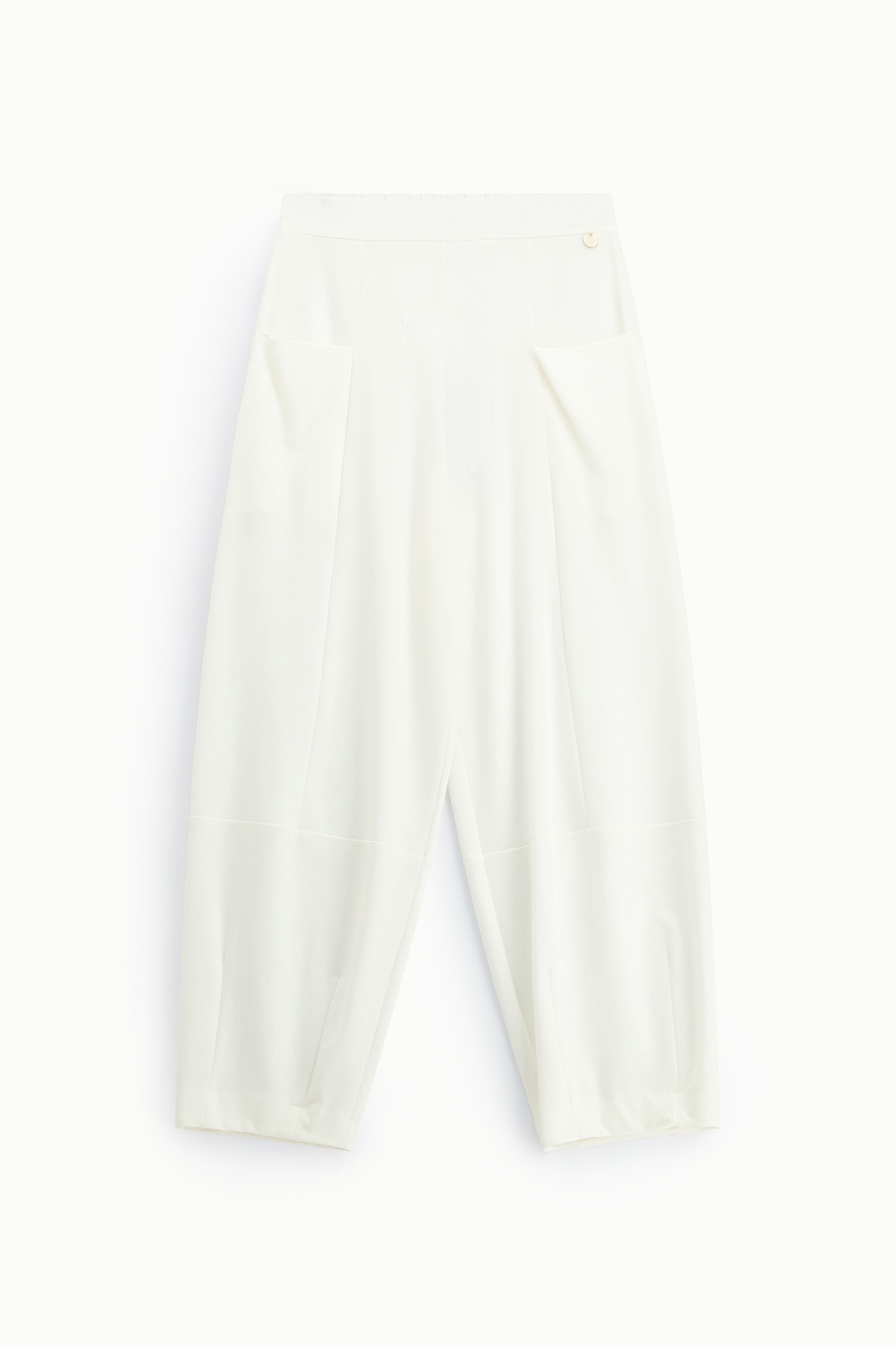 Women's white high-waist wide-leg cropped trousers with front pockets and subtle gold button detail on white background