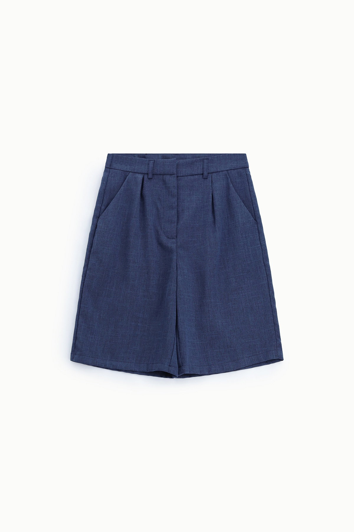 Flat-lay of women's high-waist navy blue tailored shorts with belt loops, pleats and side pockets on white background