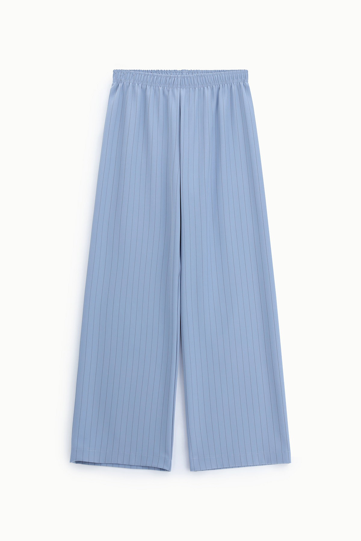 Light blue women's wide-leg trousers with subtle vertical pinstripes and elastic waistband, laid flat on white background