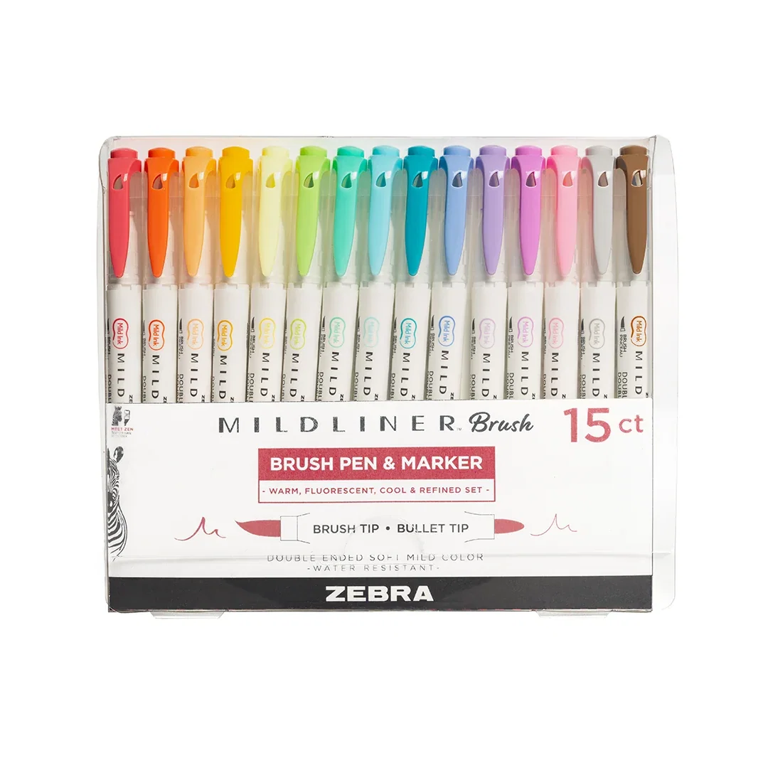 Image of Zebra Mildliner Brush Pen Set of 15 Assorted