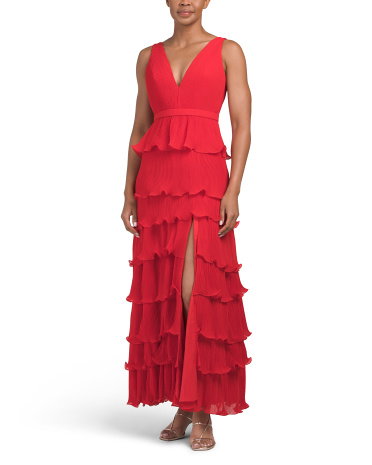 Sleeveless Tiered Ruffle Gown For Women, Polyester