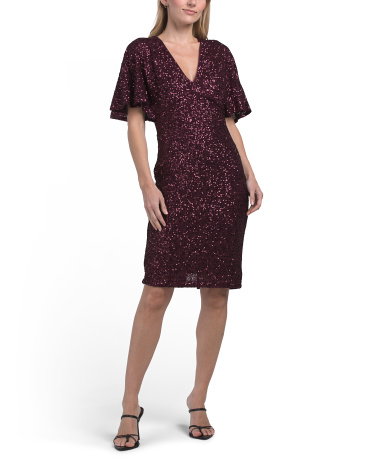 V-Neck Sequin Mini Dress For Women, Polyester/Gold