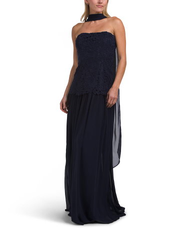Lace Dropped Waist Gown With Neck Scarf For Women, Polyester