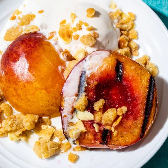 Grilled Nectarines with Crisp Almond Topping and Ice Cream