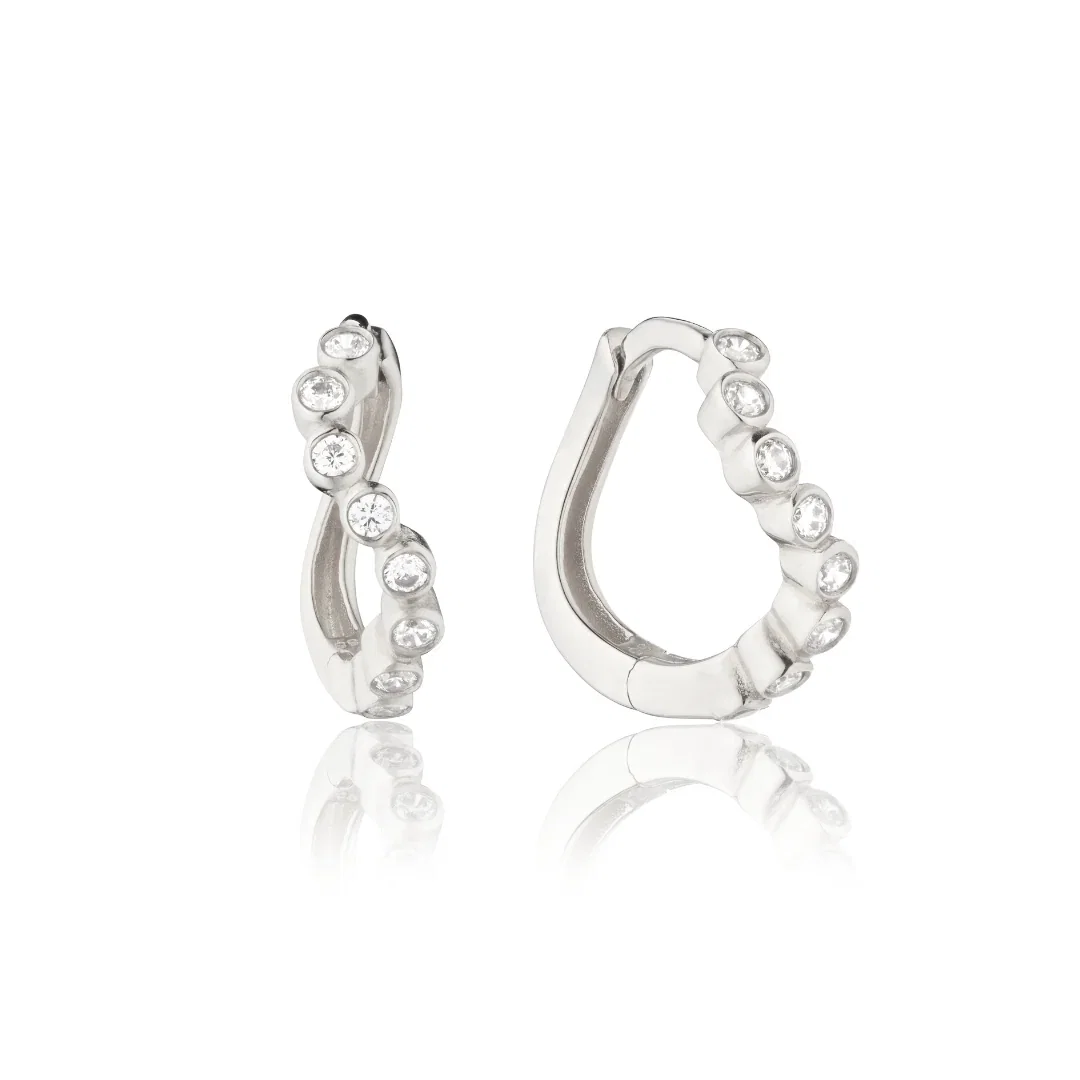 Image of Silver Diamond Style Wave Huggie Hoop Earrings