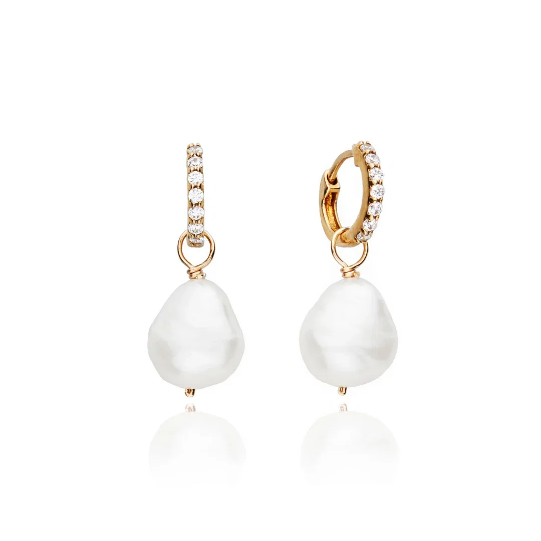 Image of Gold Huggie Pearl Drop Earrings
