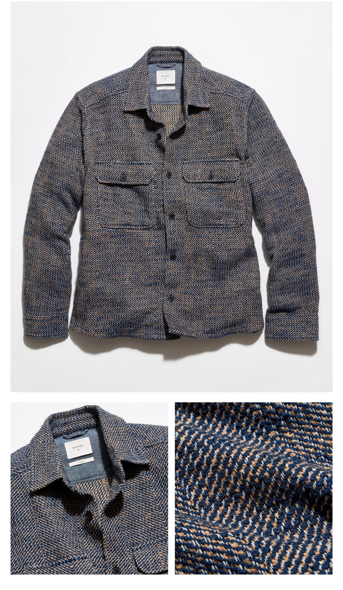 The Herringbone CPO Overshirt; blue and brown herringbone weave jacket with horn buttons on a grey background.