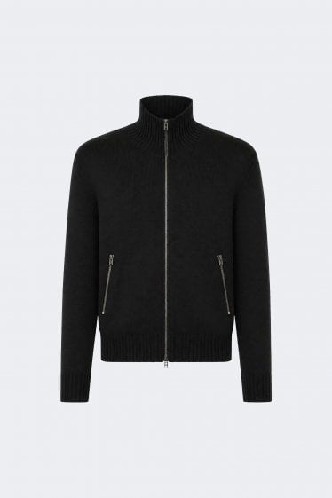 Leather Patches Zip Cardigan Black