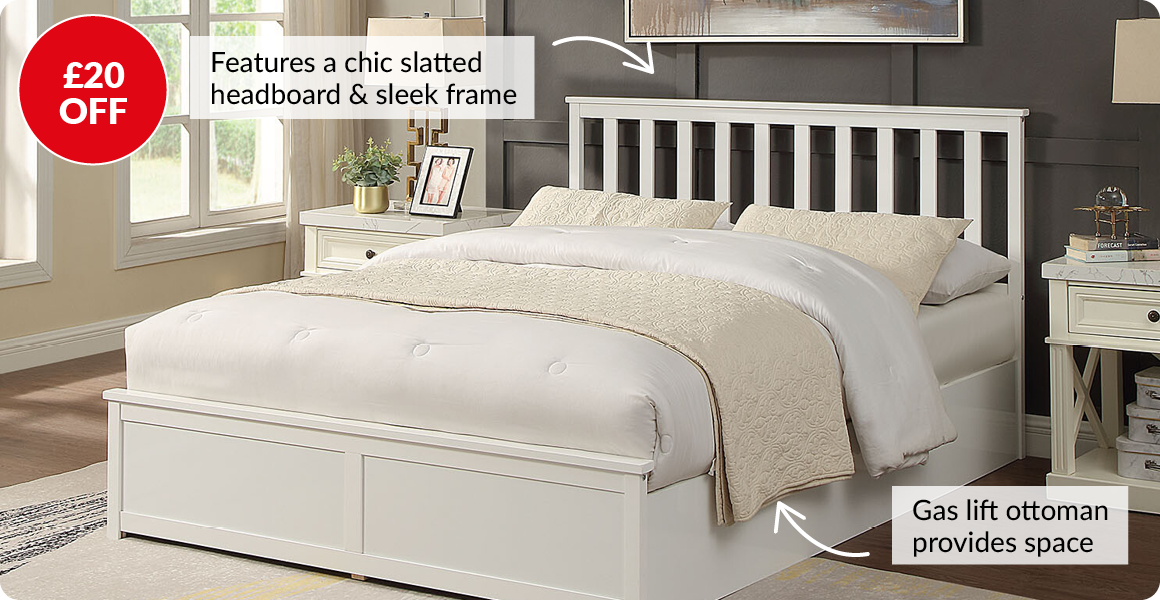 £20 off. Features a chic slatted headboard and sleek frame. Gas lift ottoman provides space