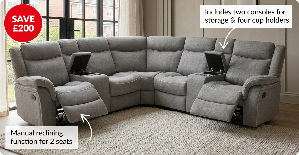 Save £200. Includes two consoles for storage and four cup holders. manual reclining function for 2 seats