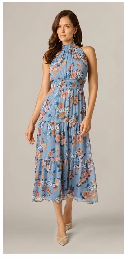 Floral Meta Chiffon Tiered Halter Midi Dress In Blue Multi