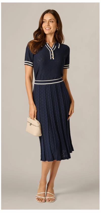 Short Sleeve Open Pointelle Knit Tipped Polo Top In Navy Ivory