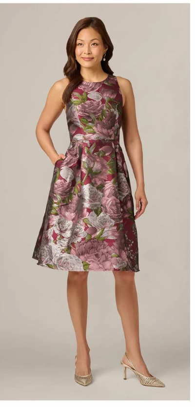 Rose Garden Metallic Jacquard Fit And Flare Dress In Burgundy Multi