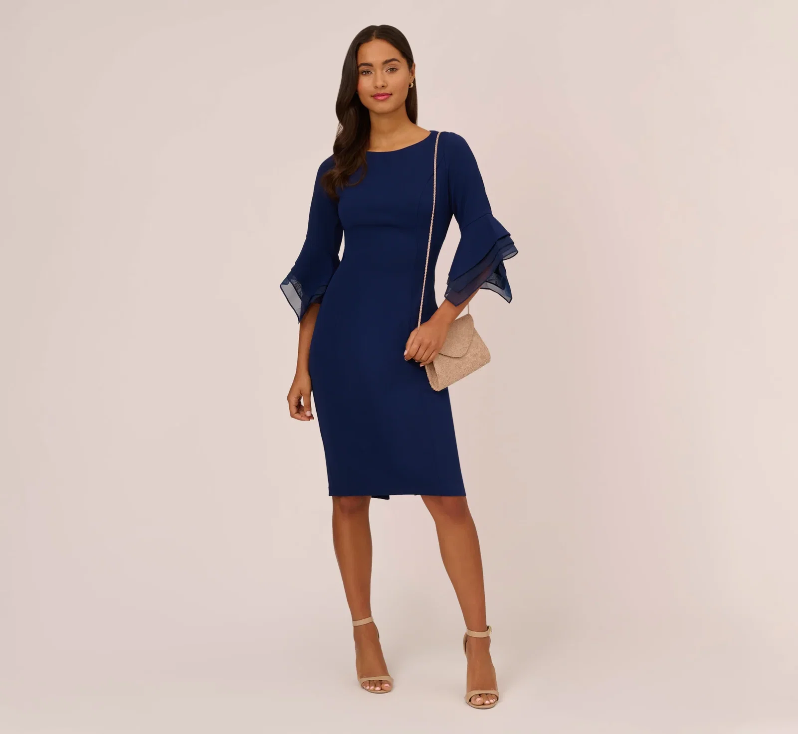 Image of Petite Knit Crepe Sheath Dress With Tiered Three Quarter Sleeves In Navy Sateen