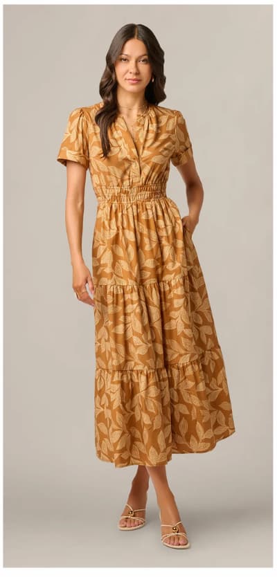 Short Sleeve Sophia Tiered Midi Dress In Cognac Multi