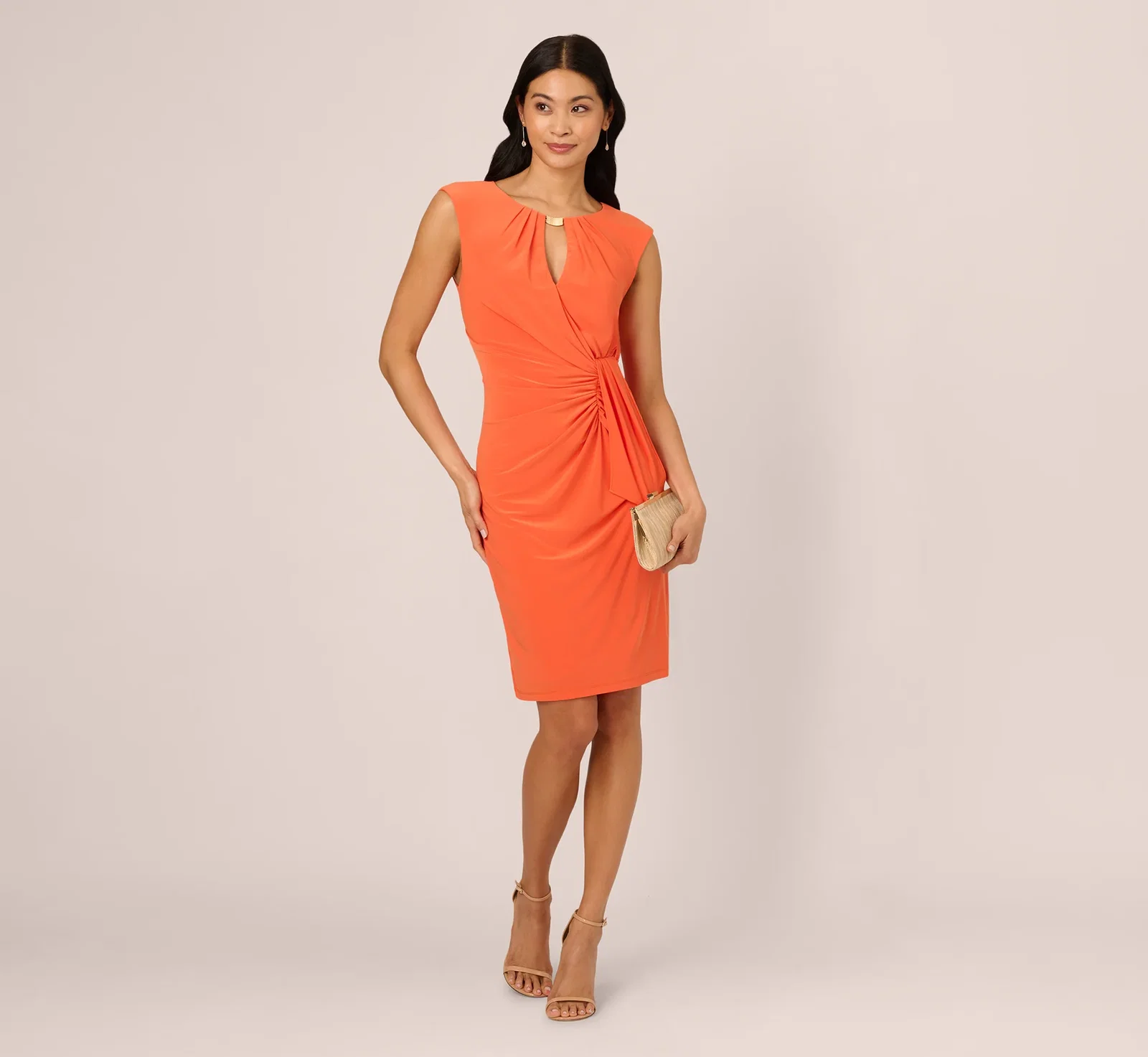 Image of Sleeveless Jersey Keyhole Draped Sheath Dress In Papaya