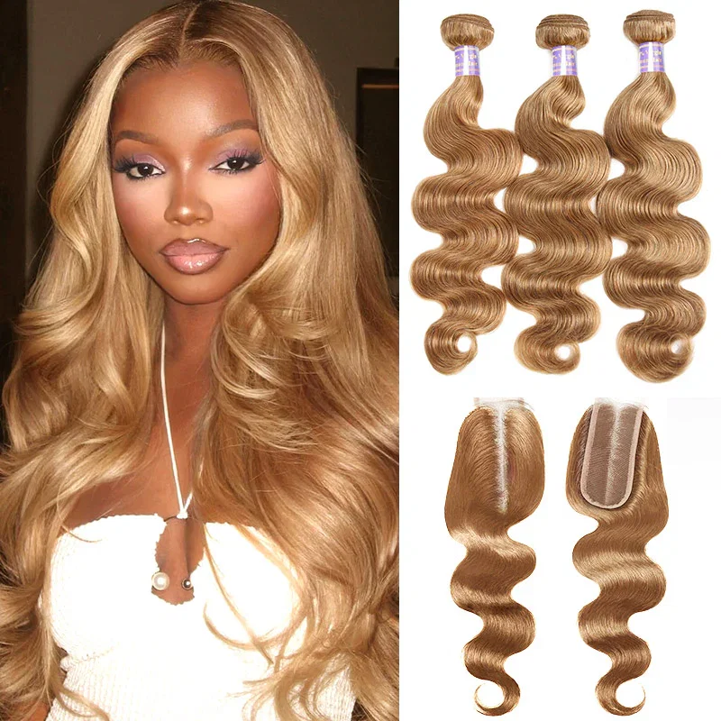 #27 Honey Blonde Bundles with 2x6 HD Lace Closure Colored Body Wave Human Hair 3 Bundles with Lace Closure