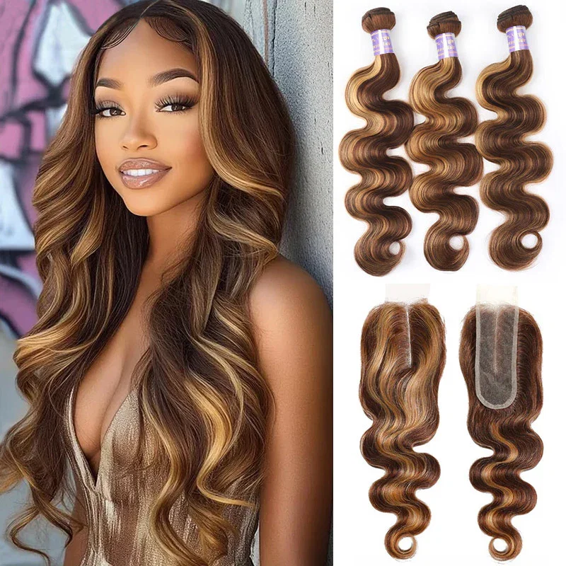 P4/27 Highlight Body Wave 3 Bundles With 2x6 Deep Part Lace Closure 100% Human Hair