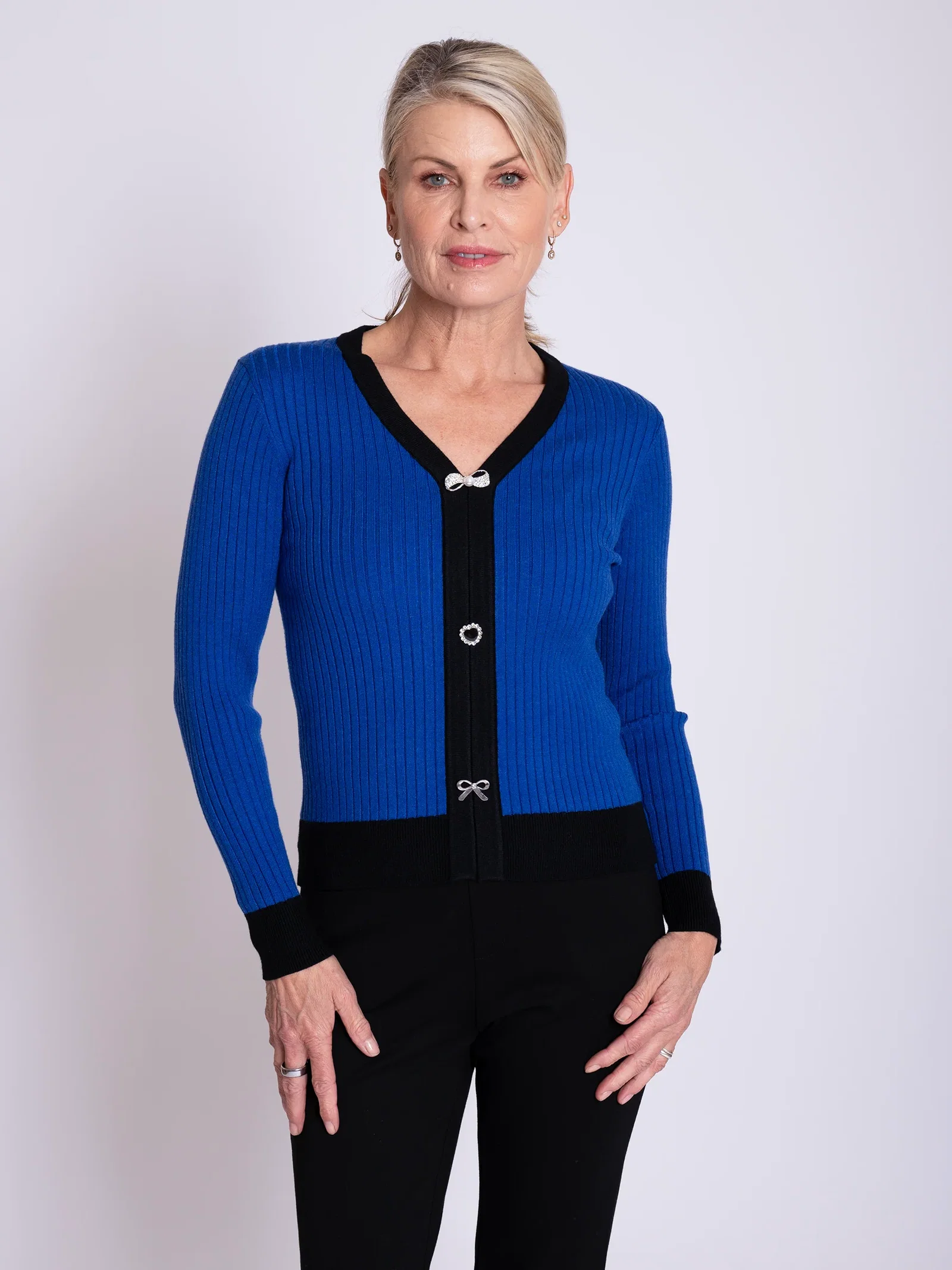 Image of Cobalt/Black Ribbed V Sweater with Brooch Details
