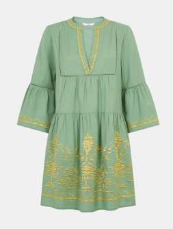 Embroidered Flute Sleeve Mini Dress Green