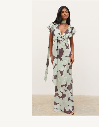 Andi V-Neck Frill Maxi Dress - Mint Watercolour Floral