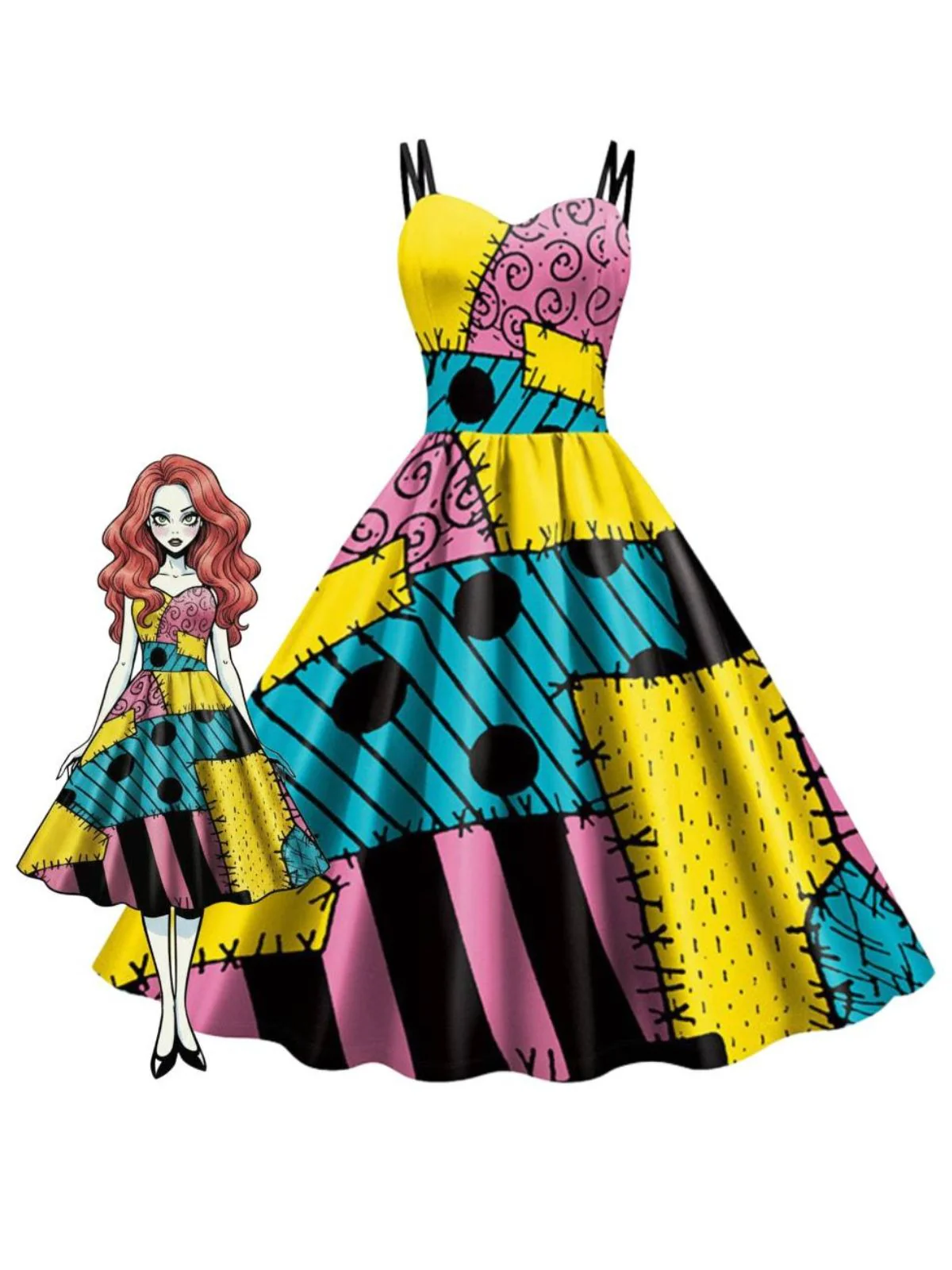 [Pre-Sale] Multicolor 1950s Nightmare Before Christmas Sally Colorblock Dress