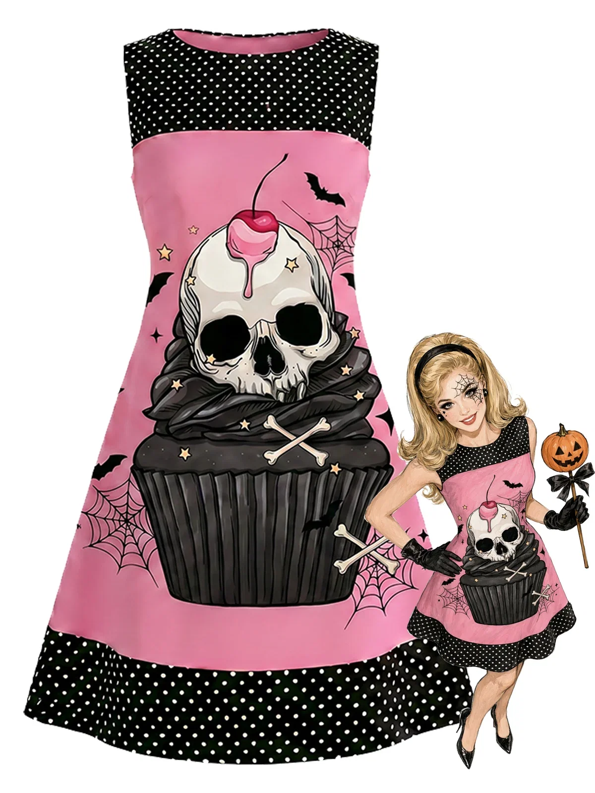 [Pre-Sale] Pink 1960s Skull Cupcake Polka Dot A-Line Dress