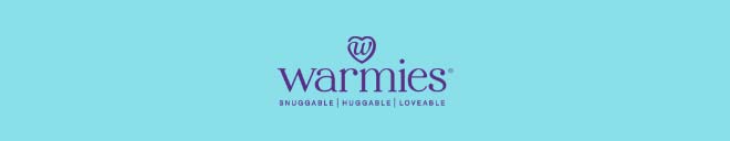 Warmies logo on blue. Shop Warmies.