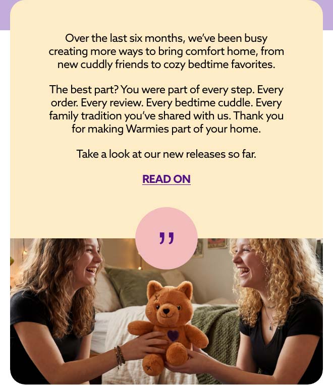 A yellow text card. Read on about Warmies new arrivals.