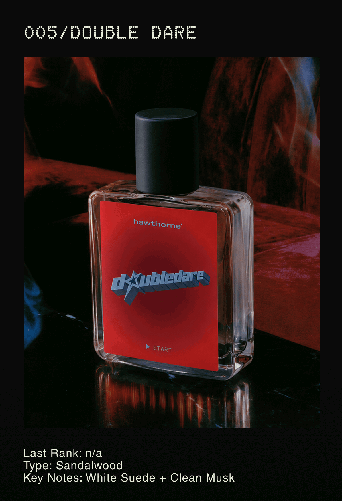 005/Double Dare | Last Rank: n/a Type: Sandalwood Key Notes: White Suede + Clean Musk
