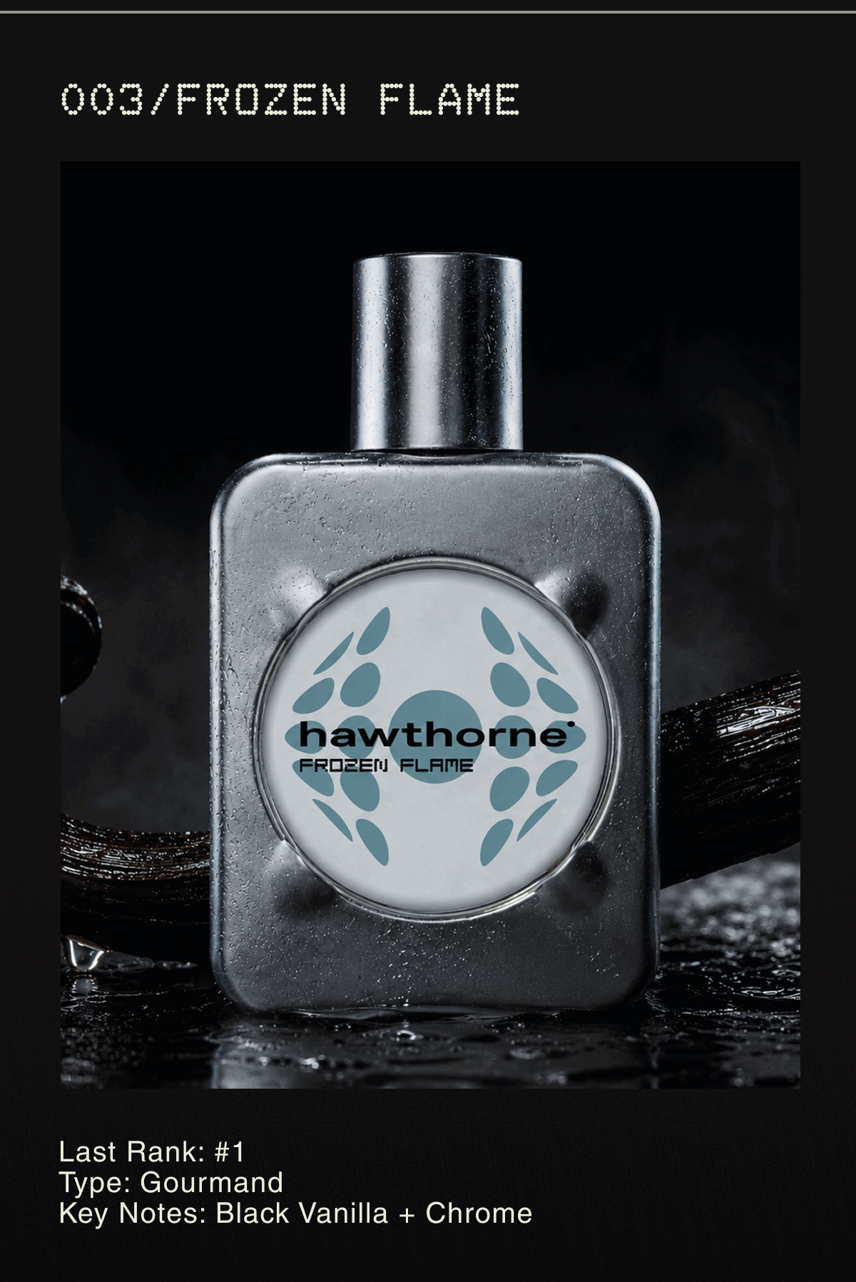 003/Frozen Flame | Last Rank: #1 Type: Gourmand Key Notes: Black Vanilla + Chrome