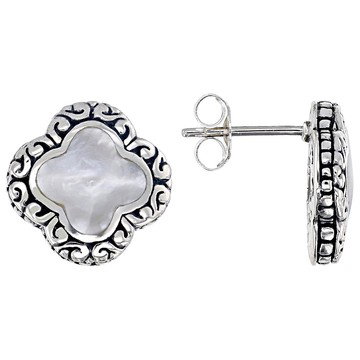 White Shell Sterling Silver Scrollwork Balinese Stud Earrings, 9mm