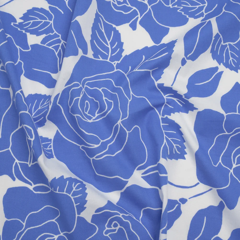 Image of Stretch Cotton Shirting Print - French Blue and White Roses - Designer Deadstock