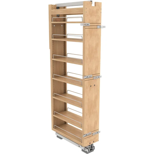 Rev-A-Shelf 448-TPF58-8-1, Wood 7-Shelf Pantry Pull-Out Organizer, 8" Width x 58-5/8" to 67-5/8" Height with Heavy-Duty Fulterer Bottom-Mounted Soft-Close Slides, Light Brown 