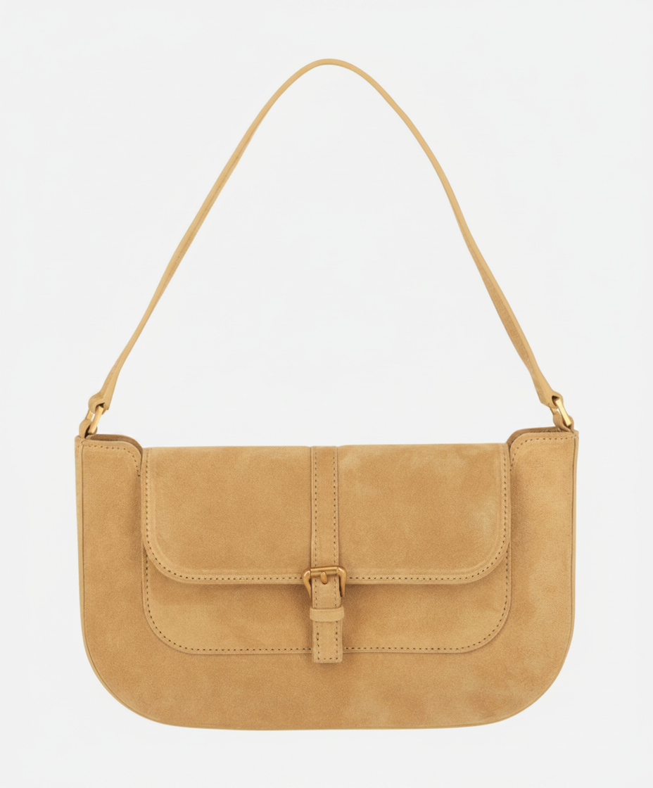 A tan suede shoulder bag with a buckle closure.