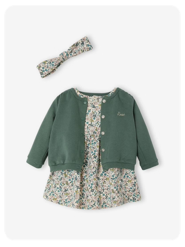 Baby-Set: Kleid, Strickjacke & Haarband, personalisierbar - grün