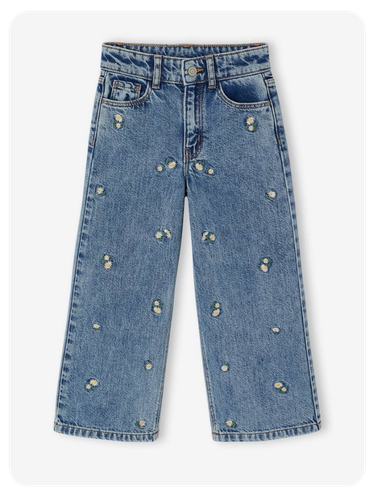 Weite Jeans mit Stickerei für Mädchen, Bundweite verstellbar - jeansblau