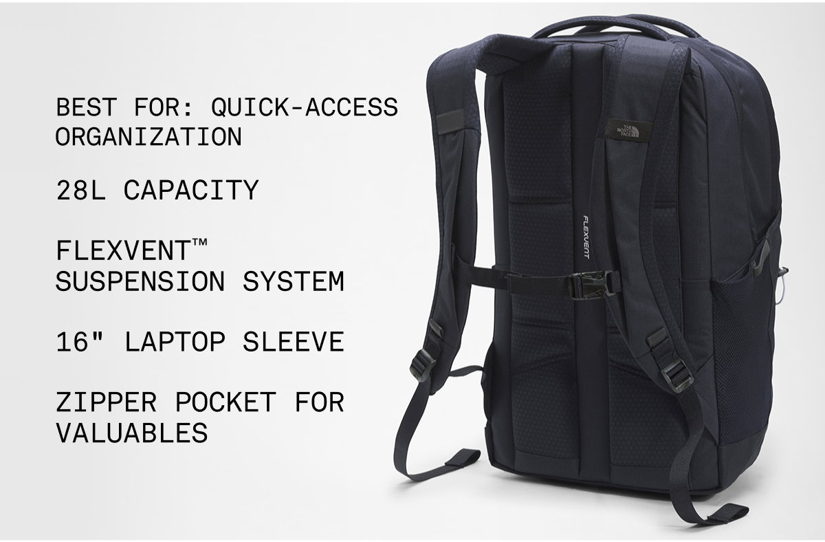 Best for: Quick-Access Organization 28L CAPACITY  FLEXVENT™ Suspension System 16" LAPTOP SLEEVE ZIPPER POCKET FOR VALUABLES