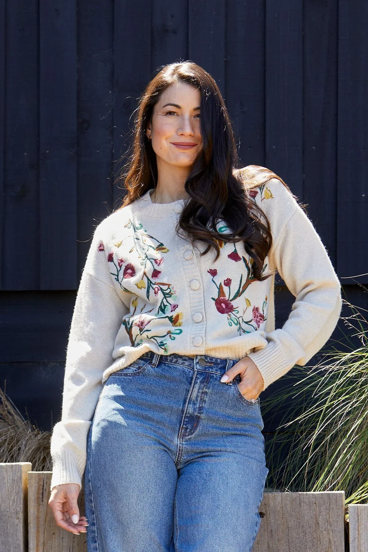 Image of Embroidered Cardigan in Natural