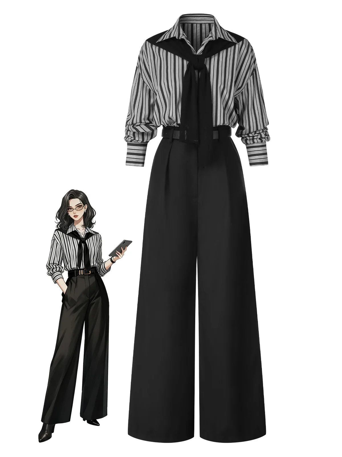 Black 1940s Shirt Collar Stripe Jumpsuit With Cape